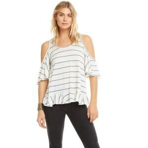 Chaser  Linen Jersey Ruffle Vent Open Back Cold Shoulder Striped Tee -M